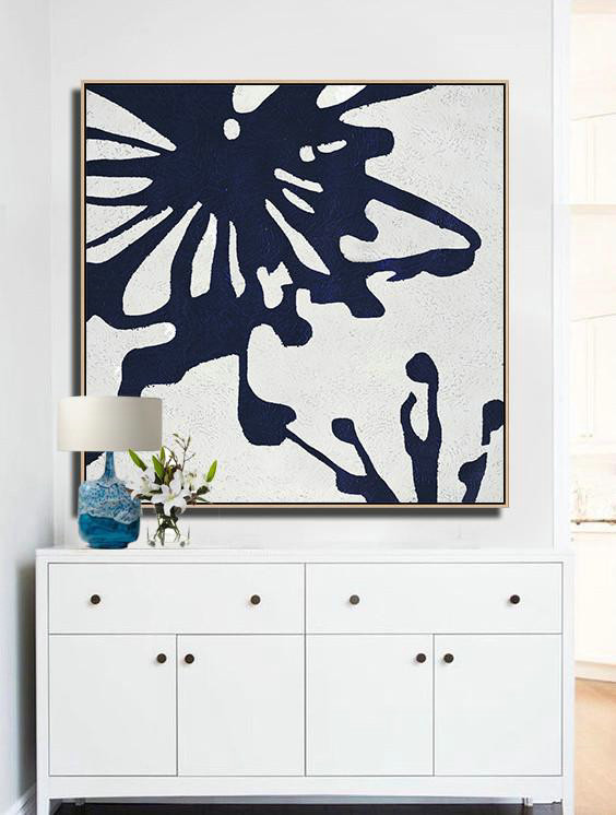 Large Abstract Art Handmade Acrylic Painting,Hand Painted Navy Minimalist Painting On Canvas,Original Art